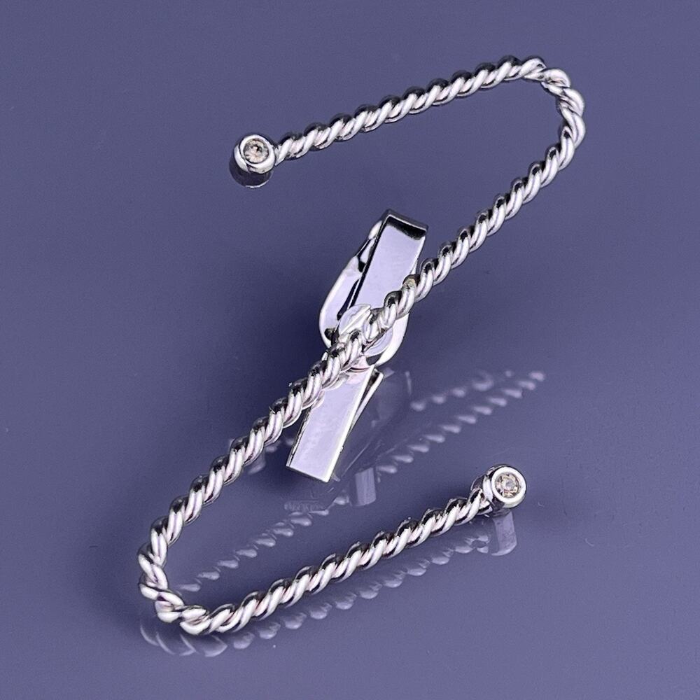 White Rhinestone Rope Twist Tie Clip Bar Silver Tone Weave Holder Swank Vintage